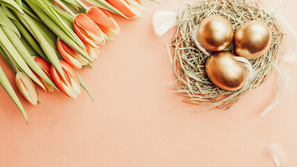 Basket easter decoration: Golden eggs in basket with spring tulips, white feathers on pastel pink background. Congratulatory easter design. Top view.