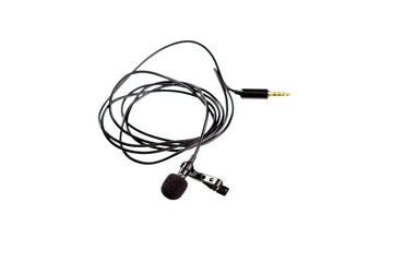 Small lavalier microphone or lapel mic with clip on white background.