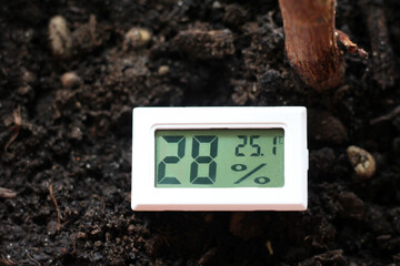 A device for measuring humidity and temperature and a plant, soil - obrazy, fototapety, plakaty