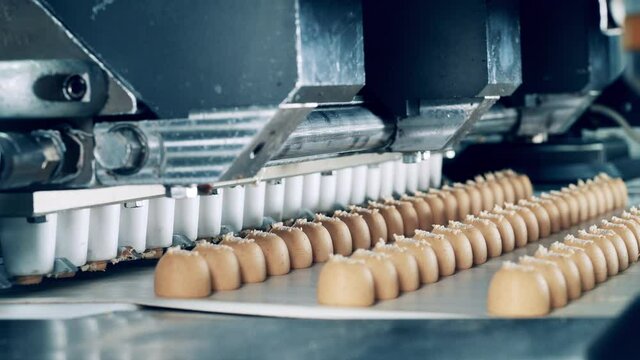 Automated machinery is producing fudge sweets