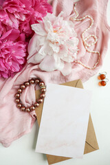 Obraz na płótnie Canvas mockup greeting card. bouquet of pink peonies 