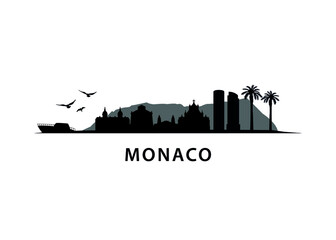 Monaco Skyline Silhouette City Vector Design Art | Urban Landscape | France, Palms, Coast - obrazy, fototapety, plakaty