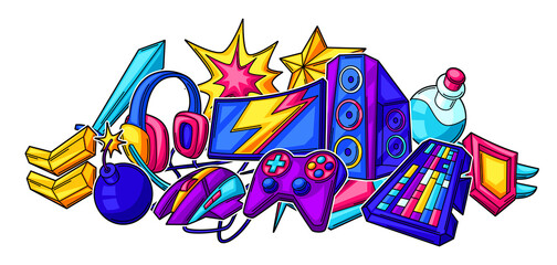 Naklejka premium Background with gaming items. Cyber sports, computer games, fun recreation.