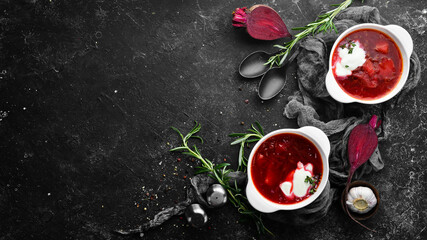 Borsch.Sup of beet and vegetables. Ukrainian traditional food. Top view. Free space for your text.