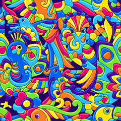 Fototapeta premium Seamless pattern with tropical birds. Mexican ceramic cute naive art.