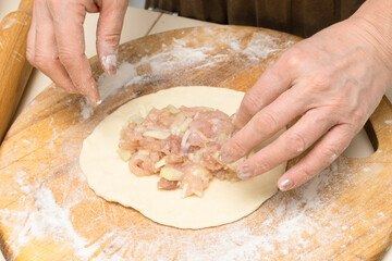Close-up of female hands while cooking. A woman cooks meat pies.