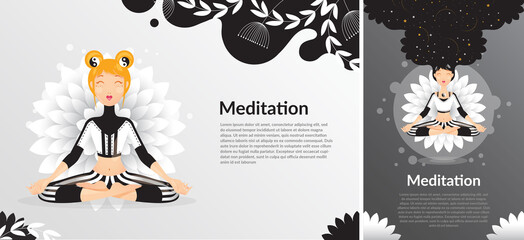 Fototapeta Szczęśliwa kobieta medytująca w pozycji lotosu w czarnym stroju na tle kwiatu. Projekt na zdrowy styl życia. z jogą. Ilustracja wektorowa. obraz