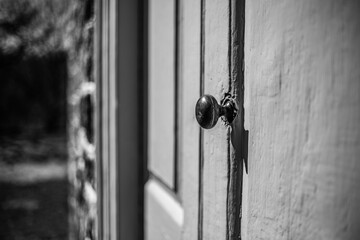 Close up of a historical door and doorknob at Valley Forge National Park in Pennsylvania.