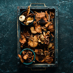 Dried mushrooms. Organic food, superfood. Top view. Free space for text.