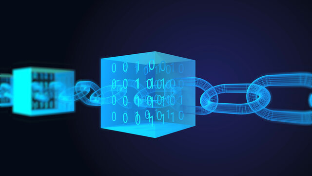 4K Block chain concept zoom out loopable. Chain consists of network connections made out of binary data. interconnected blocks of data depicting a cryptocurrency blockchain.