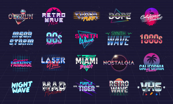 Vector Retro neon logo collection. Set of 20 colorful retro 80s logo templates. Prints for t-shirt, tee. Design for music cover, night club, summer party. Retrowave cover, banner, flyer template.