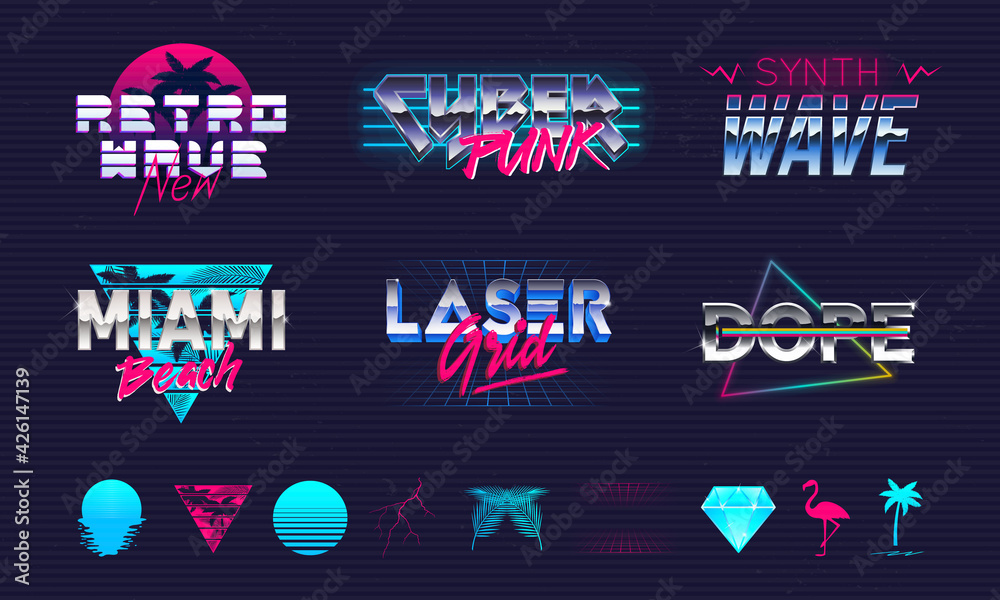 Wall mural set of 6 retro neon logo templates and 10 trendy elements to create your own design. print for t-shi