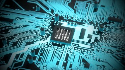 3D Glowing Motherboard AI Artificial intelligence. Computer brain with blue energy. Concept of machine learning. Technology Background CPU Circuit. binary numbers computer procesing.