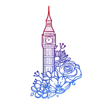 Big Ben Rose Flower with Vintage London England Design. Clock Tower Floral frame ornament vector style. Decoration Design Wreat illustration.