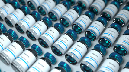 Loop many Blue generic vaccine glass. a lot of vaccinations aligned. ampoules with sticker that...