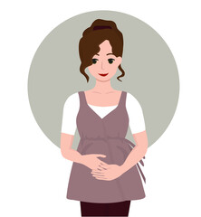 Flat style illustration. Pregnant young woman touching her belly. Woman has curly hair that she gathered with a ponytail. She wears a white T-shirt and a purple tunic.