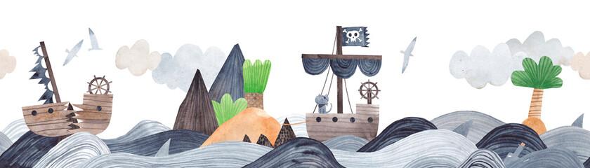 Paysage marin avec une île et des bateaux pirates. Bordure horizontale aquarelle. Modèle sans couture.