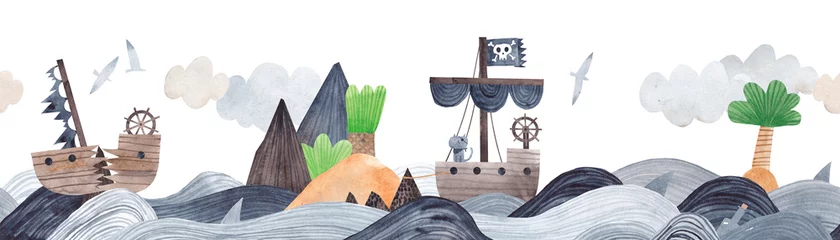 Crédence de cuisine en verre imprimé Chambre de bébé Paysage marin avec une île et des bateaux pirates. Bordure horizontale aquarelle. Modèle sans couture.
