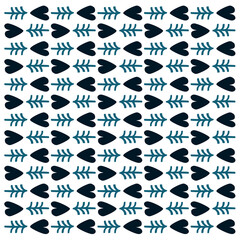 Elegant folk art deco monochrome seamless pattern. Retro stylish blue boho hand drawn modern folklore linocut organic shapes hearts trees twigs. Wallpaper book cover backdrop packaging textile decor