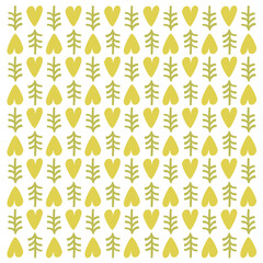 Modern folklore art deco seamless pattern. Hand drawn elegant organic shapes hearts trees twigs retro decor. Natural earthy colors muted green khaki yellow backdrop wallpaper origami textile packaging