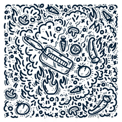 Linear vector background of the frying pan. The concept of cooking in a frying pan. Grill pattern with carrots, peppers, tomatoes in the doodle style. Dishes for frying vegetables. Vector illustration