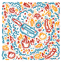 Vector color background of a frying pan with vegetables. The concept of cooking in a frying pan in a doodle. Drawing of a grill for textiles. Fry carrots, peppers, tomatoes. Vector illustration