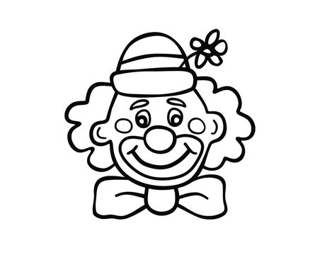Vector Cartoon Silhouette Outline Black Line Art Drawing of a fun smiling man in makeup clown mask with hat,bow and flower.Circus.Coloring pages for kids.Plotter cutting.Vinyl wall sticker.Laser cut.