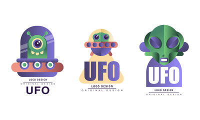 Ufo Original Logo Design Set, Badges with Alien Spaceship Flat Vector Illustration