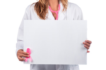 Caucasian doctor woman holding white board