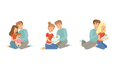 Cheerful Family Couple Nursing with Kids Set, Parents Upbringing and Caring for their Children Cartoon Vector Illustration