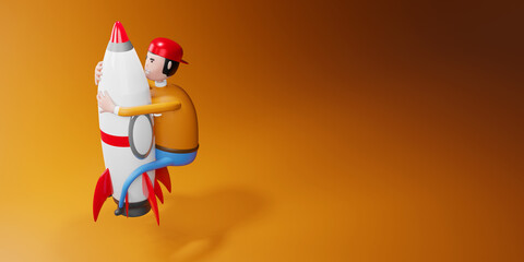 Cartoon character guy flying on a rocket. creativity and startup Concept, 3d illustration.