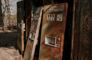 Old water vending machines in the abandoned city of pripyat near the embankment