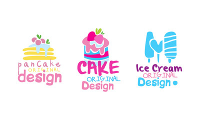 Sweets Logo Original Design Templates Set, Pancake, Cake, Ice Cream Desserts Hand Drawn Badges Vector Illustration