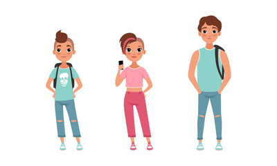 Teenage Boys and Girl Standing with Backpacks, Stage of Growing up of People Cartoon Vector Illustration