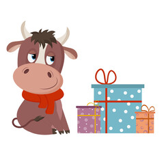 Cute cartoon bull with fur scarf and gifts. Vector illustration isolated on a white background