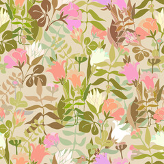 Vector seamless colorful design pattern botanical cute spring herbs and flowers in pastel tones