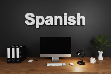 modern clean office workspace with computer screen and dark concrete wall; spanish lettering; 3D Illustration