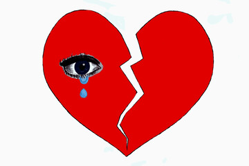 crying blue eye on a red cracked heart