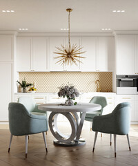 Interior of a modern dining room with hexagonal beige mosaic backsplash and parquet floor. 3d...