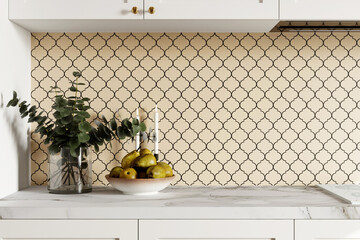 Kitchen interior with beige mosaic backsplash. 3d rendering
