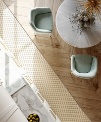 The combination of ceramic tiles and parquet in the design of the kitchen floor. Top view. 3d...