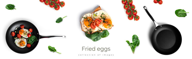 Fried eggs with vegetables in a frying pan isolated on a white background. Flat lay.