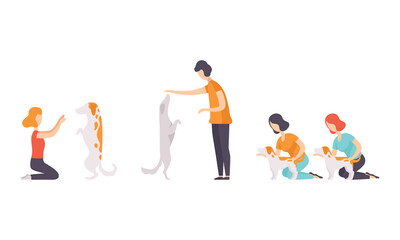 Pet Show Set, Male and Female Owners and their Purebred Dogs Taking Part in Competition Vector Illustration