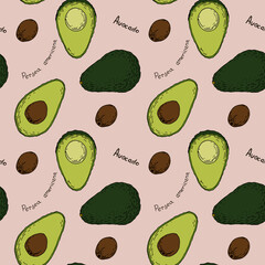 Seamless pattern with the colored  images of avocado in line on green background.
Background for your design. Doodle style