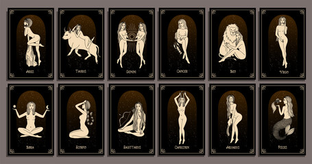Seamless pattern - signs of the zodiac. Gold illustration of astrological signs on a dark background. Magical illustrations of women and animals in the starry sky. Naked women.