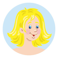 Avatar icon of a beautiful young blonde. In cartoon style. In the blue circle. Isolated on white background. Vector flat illustration