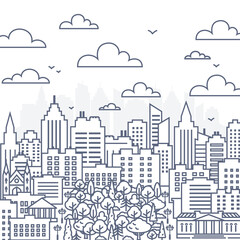 Cityscape line vector illustration - urban landscape in linear style on white background