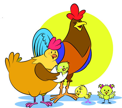 hen and chicken, cute cartoon, happy, full color, 