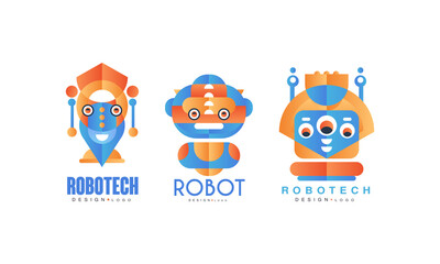 Robotech Logo Design Set, Company Identity, Computer Related Service, Kids Science Club Badges with Cute Robots Flat Vector Illustration