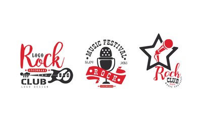 Rock Club Logo Design Set, Legendary Music Festival Retro Badges Vector Illustration